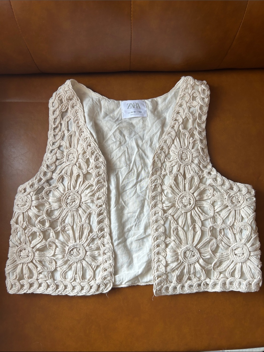 Zara Off-White Crochet Floral Open Vest